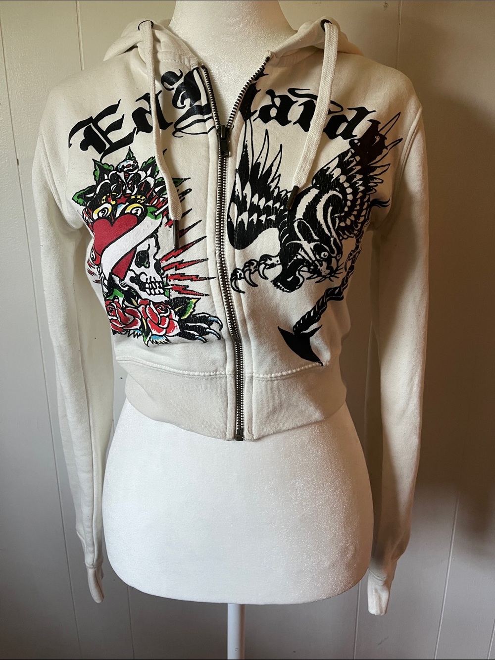 Ed Hardy Cream Zip Hoodie with Black Panther and Gold Script